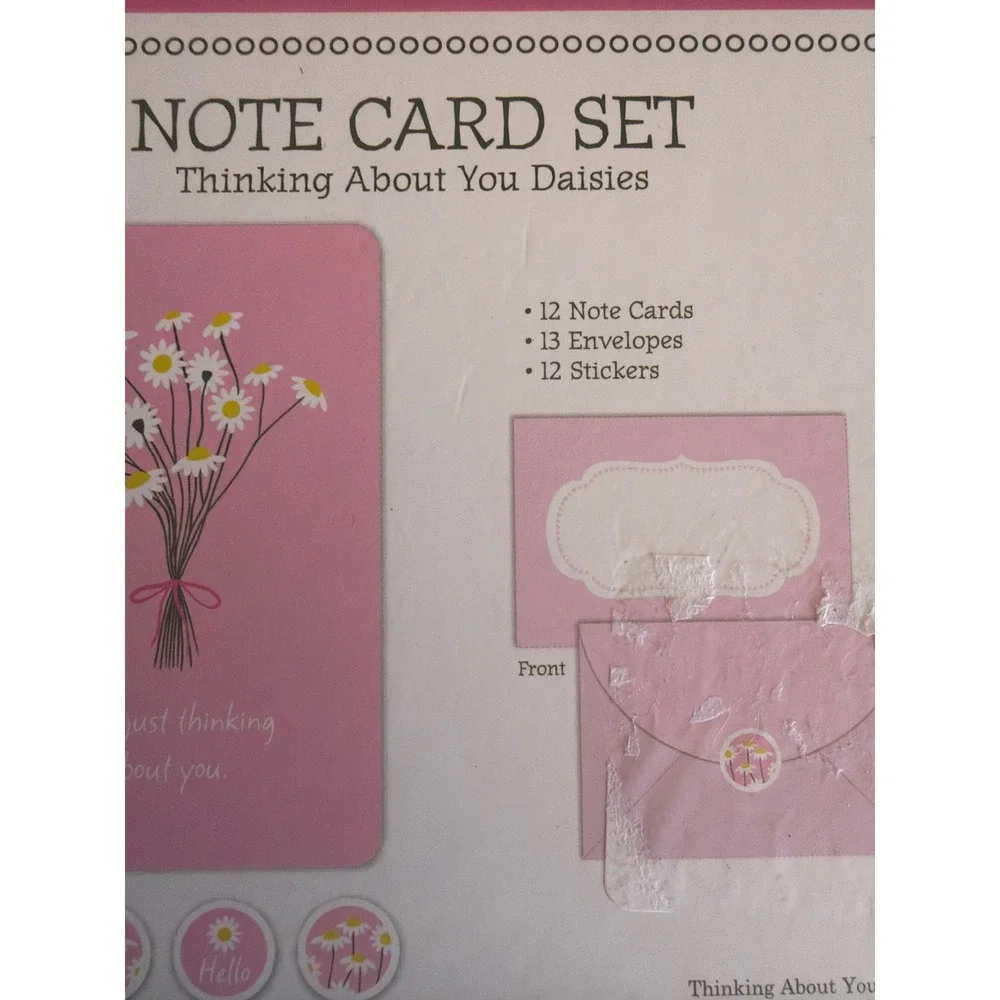OCS Designs Note Card Set Pink Feline Good Daisies 2pk Stationery Boxed Stickers